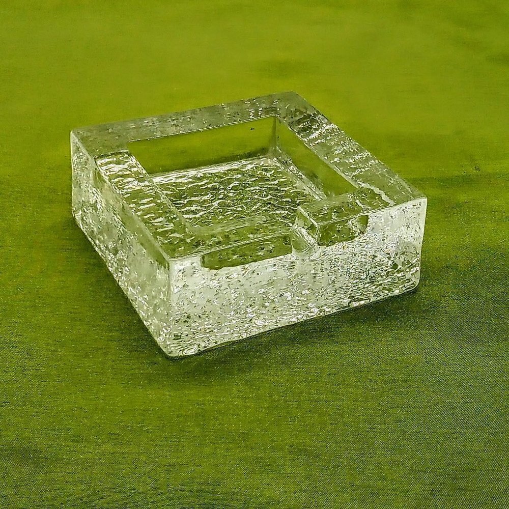 Vintage Clear Recycled Glass Square Block Ashtray